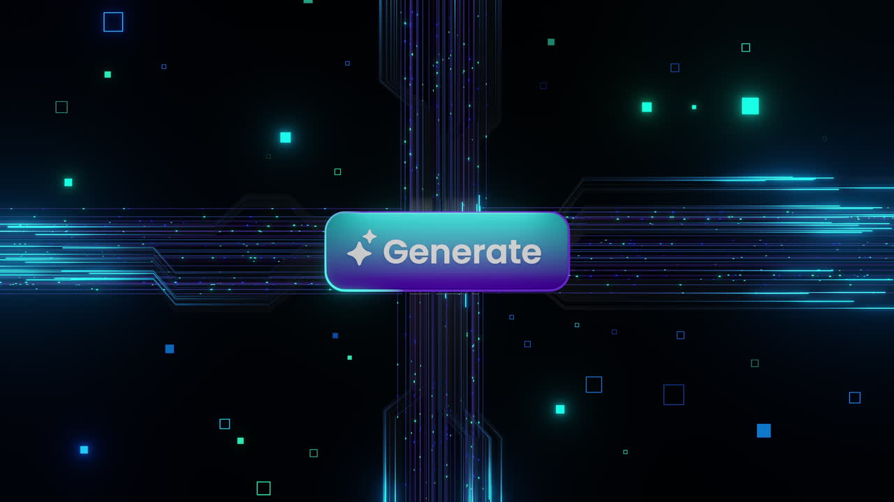 Futuristic Generate button interface with flowing data lines and digital circuits on dark background, symbolizing AI automation, smart processing, and high-tech content generation systems