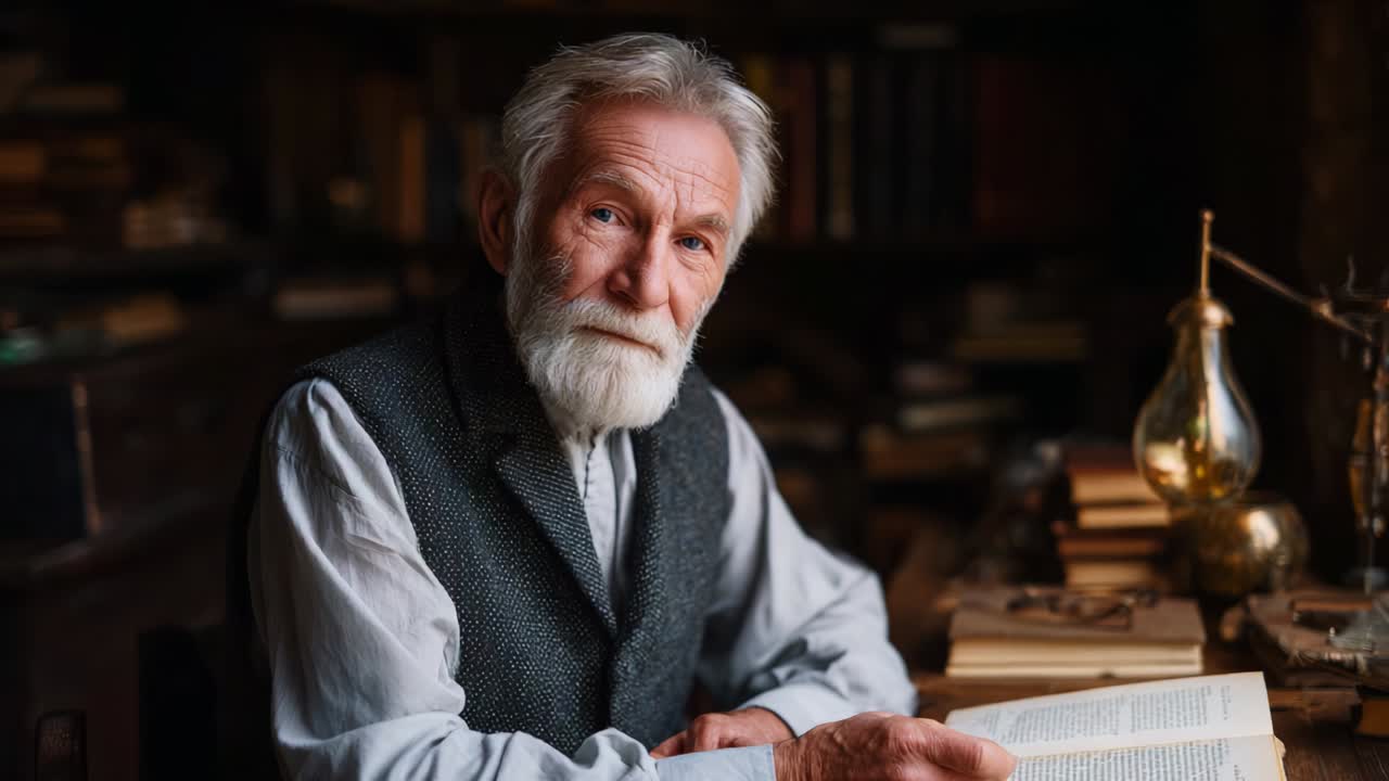 An elderly gentleman immersed in reading a weathered book, surrounded by vintage decor and shelves of literature, reflecting a sense of knowledge, wisdom, and nostalgia in a warm, inviting atmosphere