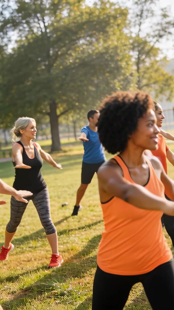 Vídeo vertical: Mulher de regata laranja e leggings dando instruções, fazendo movimentos amplos com os braços e pisando no parque.