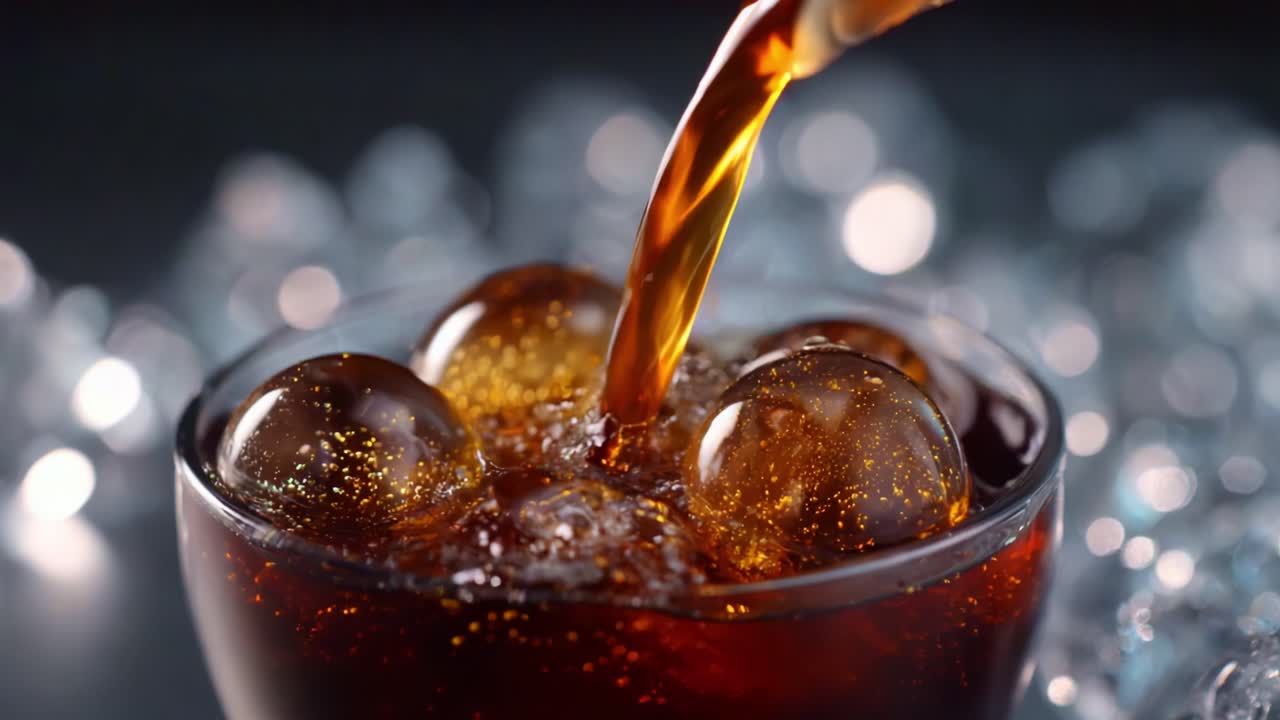 Refreshing Dark Beverage Poured Over Chilled Ice, Capturing Sparkling Bubbles and Texture in a Close-Up Shot, Perfect for Quenching Thirst on a Hot Day