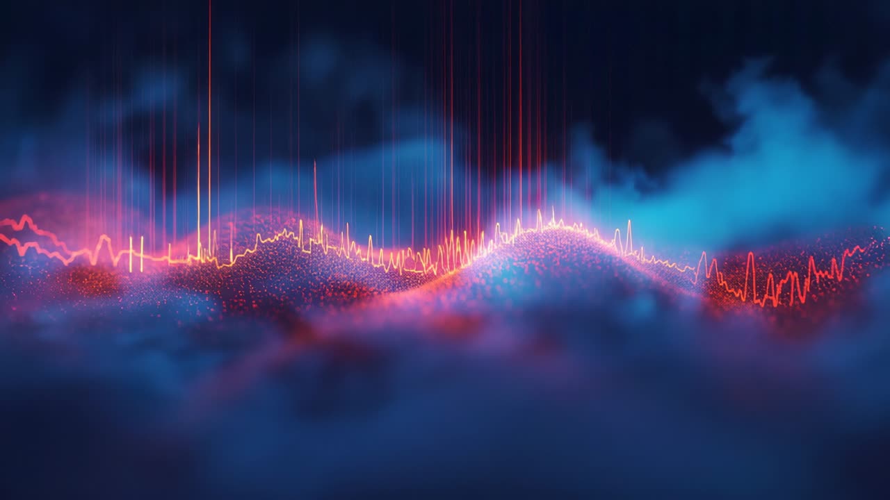 Glowing waveform shifting crest in dark mist, with pulsating light bars reacting to audio signal