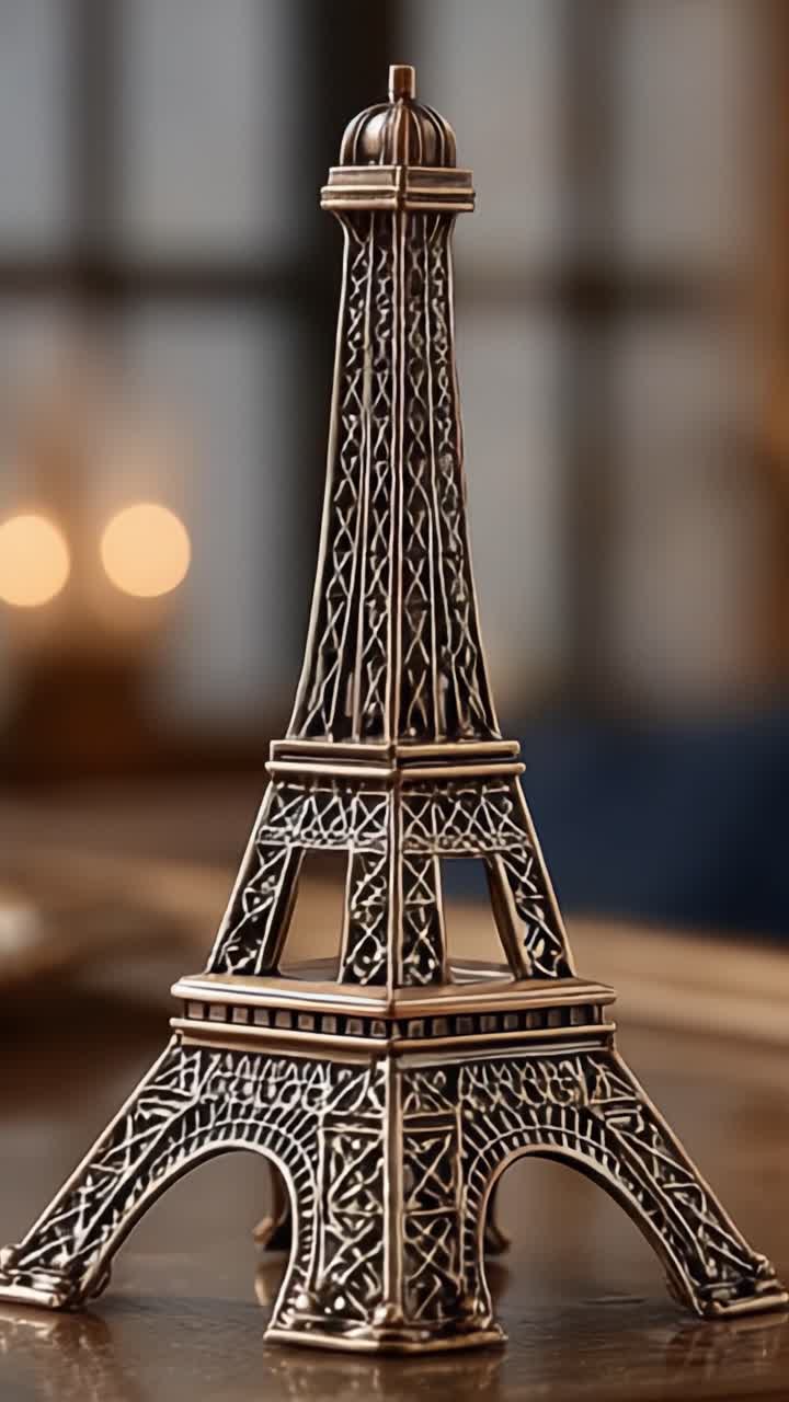 Un modello splendidamente realizzato della Torre Eiffel catturato in due scatti mozzafiato, che evidenzia dettagli intricati e un design elegante su uno sfondo morbido