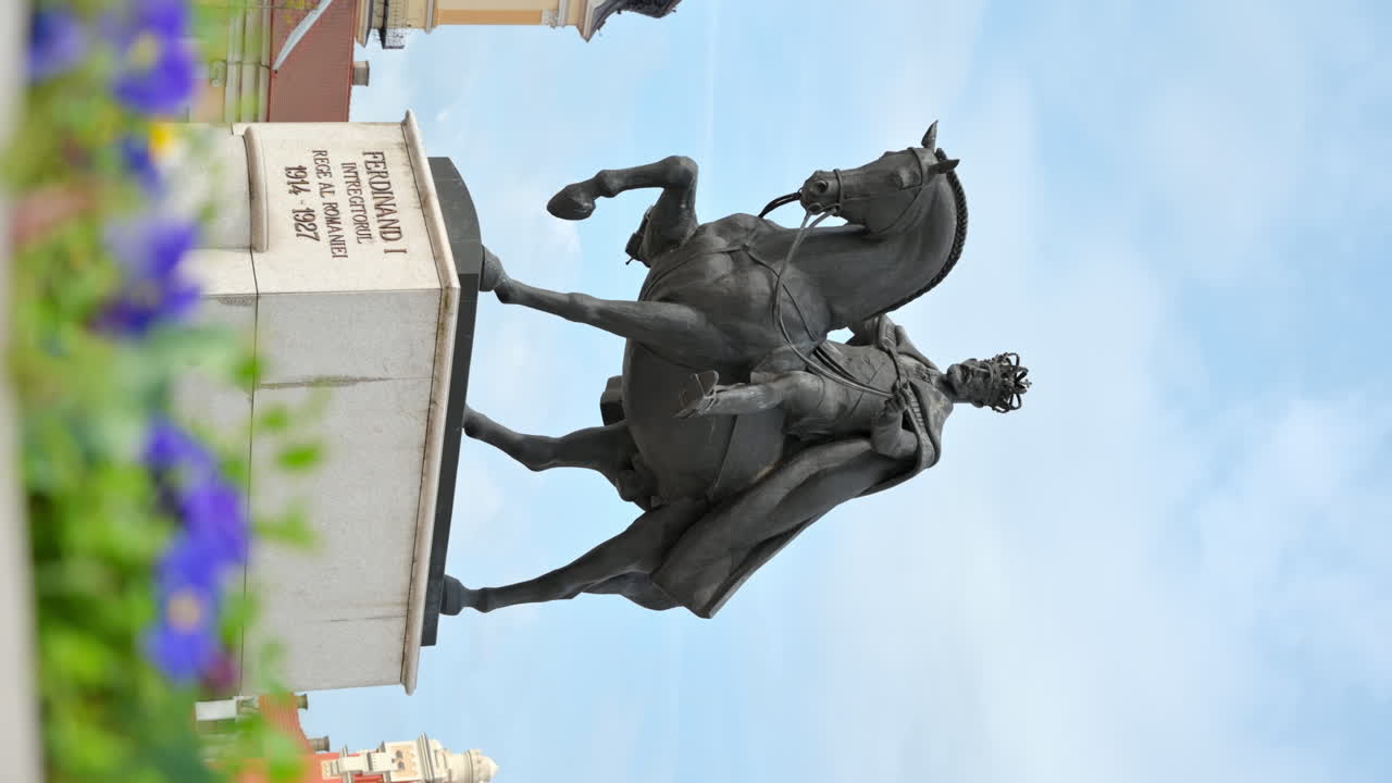 ORADEA, ROMANIA - 22 MAGGIO 2023: Vista verticale della statua del re Ferdinando I situata in Piazza Unirii, nel centro di Oradea, Romania. Fiori in primo piano