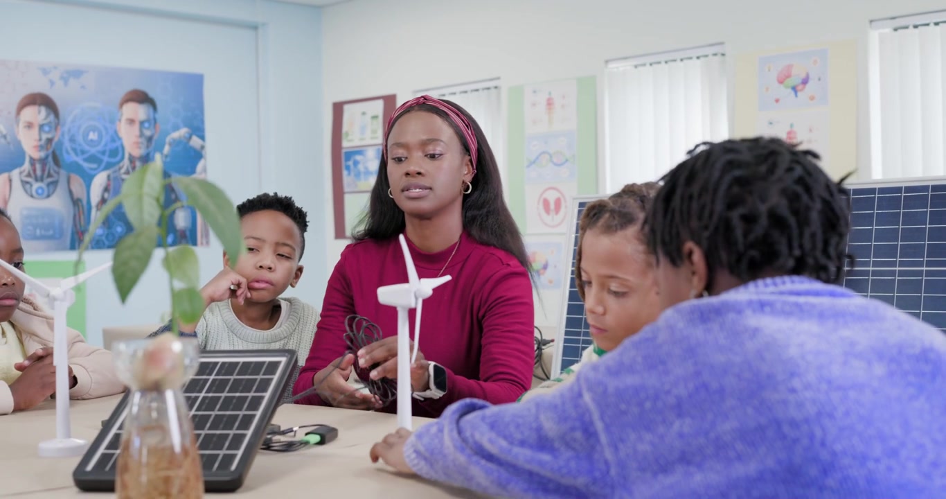African American teacher pointing and showing wiring in class while kids touching turbines for STEM