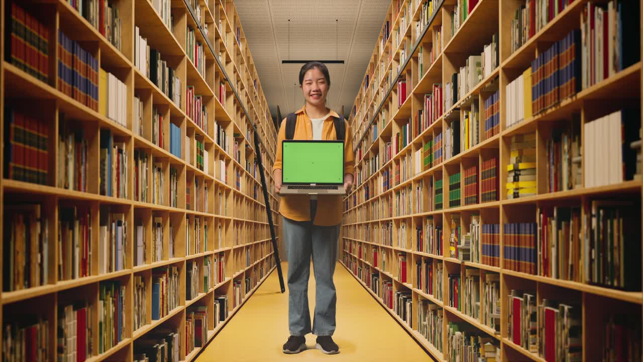 corpo cheio de estudante mulher asiática com uma mochila sorrindo e mostrando laptop de tela verde para a câmera enquanto estava de pé na biblioteca