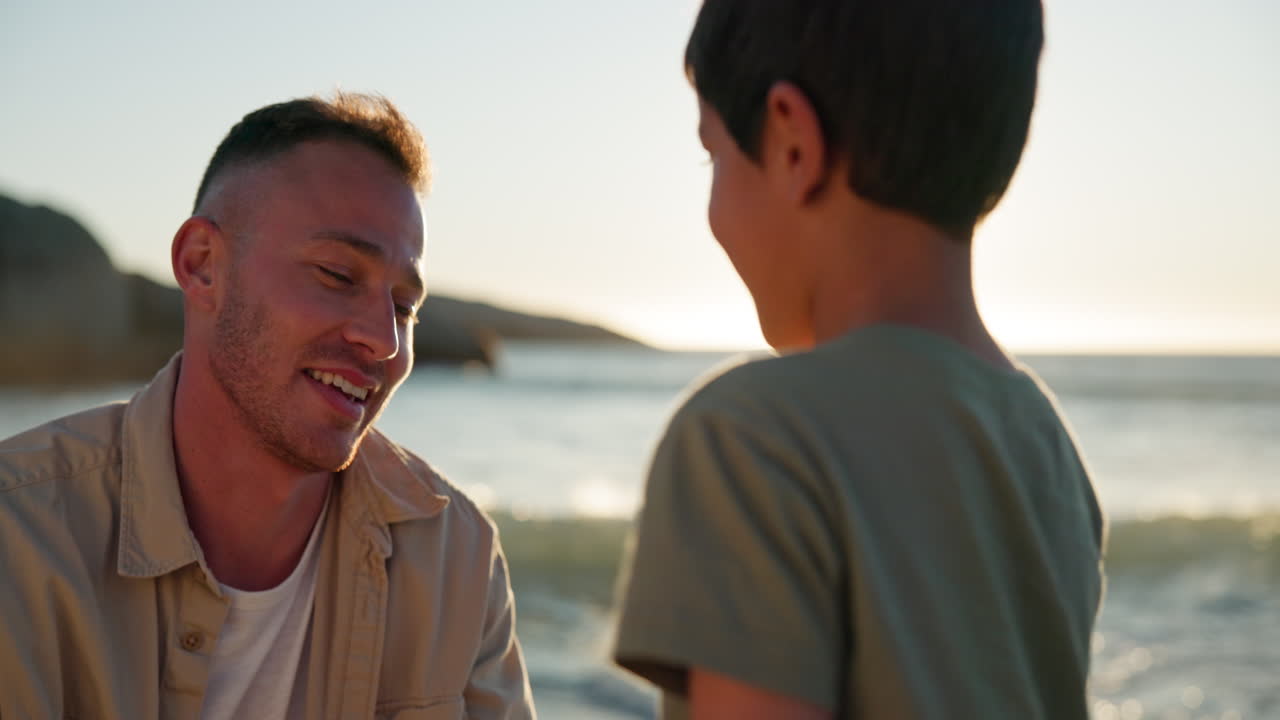 Father, kid and hug on beach with sunshine