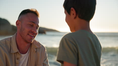 father, kid and hug on beach with sunshine