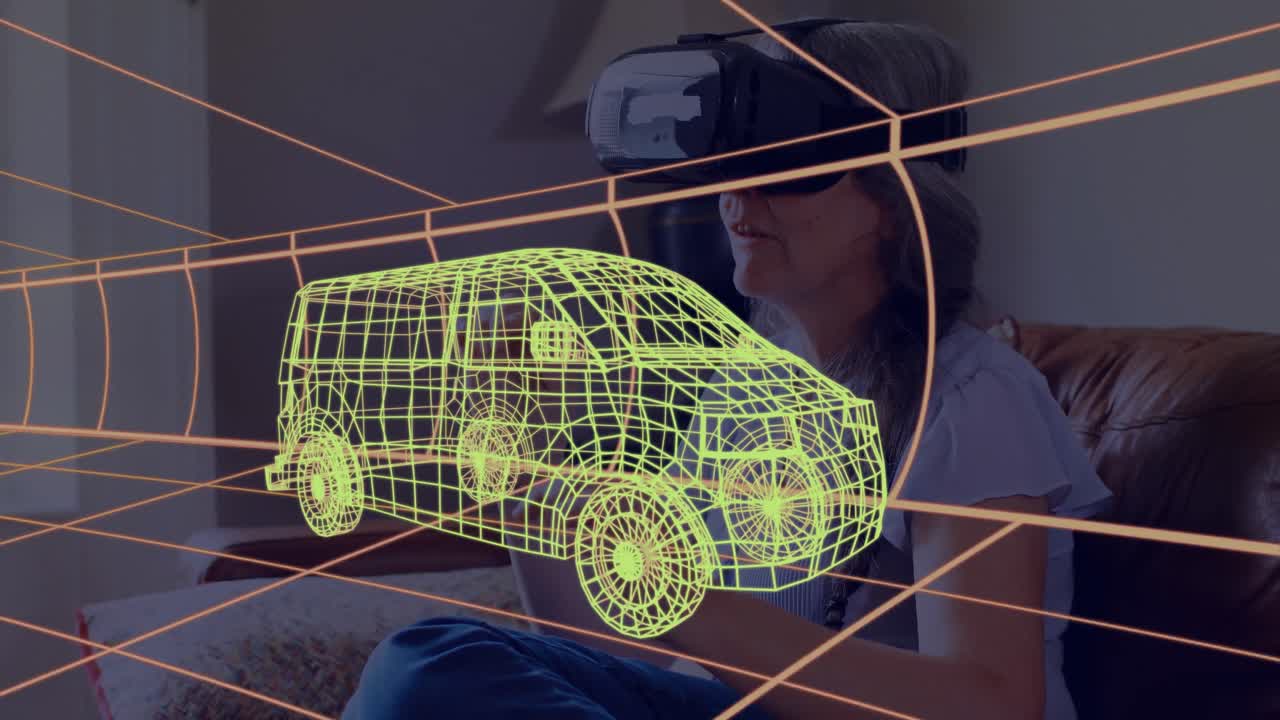 animación de dibujo técnico 3d de la furgoneta, sobre la mujer en casa con auriculares vr