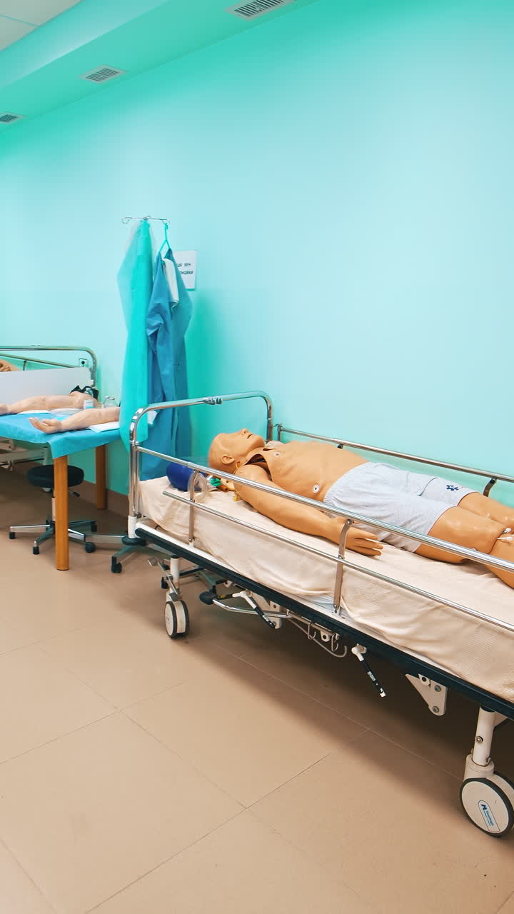 Dummy for training in university. Medical room with dummy for training exercise in university