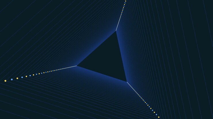 Blue triangle with curved and vertical white lines