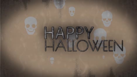 Animation-Von-Halloween-Grüßen-Und-Schwebenden-Totenköpfen-Auf-Braunem-Hintergrund