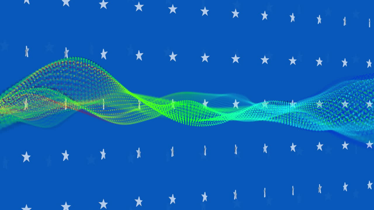 푸른 배경에서 회전하는 색 별 위에 녹색과 파란색의 떠다니는 네트워크의 애니메이션