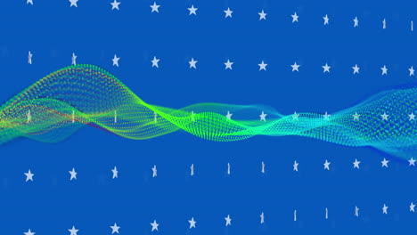 Animation-Eines-Schwebenden-Grünen-Und-Blauen-Netzwerks-über-Weißen-Sternen,-Die-Sich-Auf-Blauem-Hintergrund-Drehen