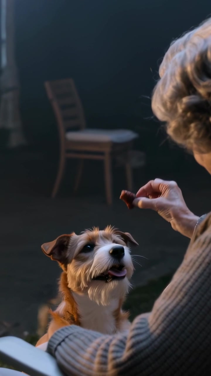 Vertical video: Holding treat above terrier, senior in gray sweater urging dog onto lap at dim seat