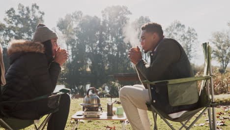 Coffee-cup,-camping-and-nature-couple-toast