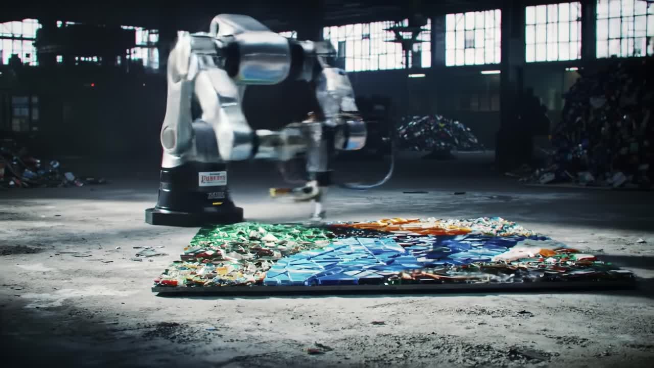 A robot operates in a large recycling facility, meticulously sorting and arranging colored glass fragments on the floor. The environment is filled with various materials waiting for processing.