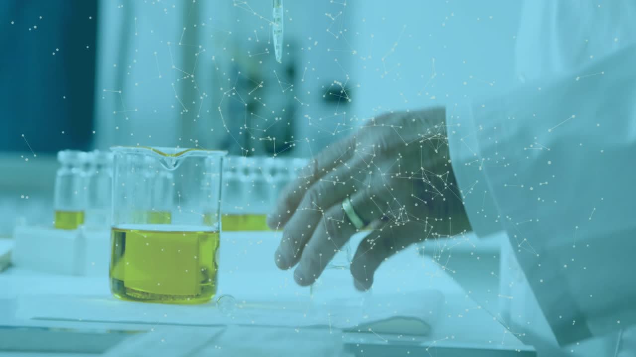 Senior tech hand reaching pipet pipetting yellow liquid into vials for lab testing overlay tracking