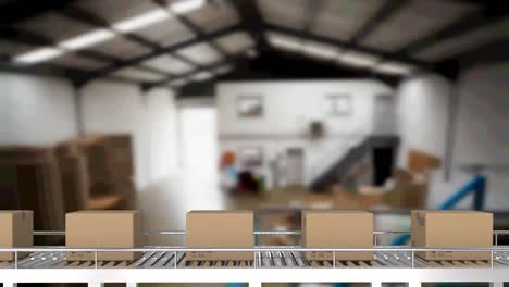 multiple delivery boxes on conveyor belt against warehouse in background