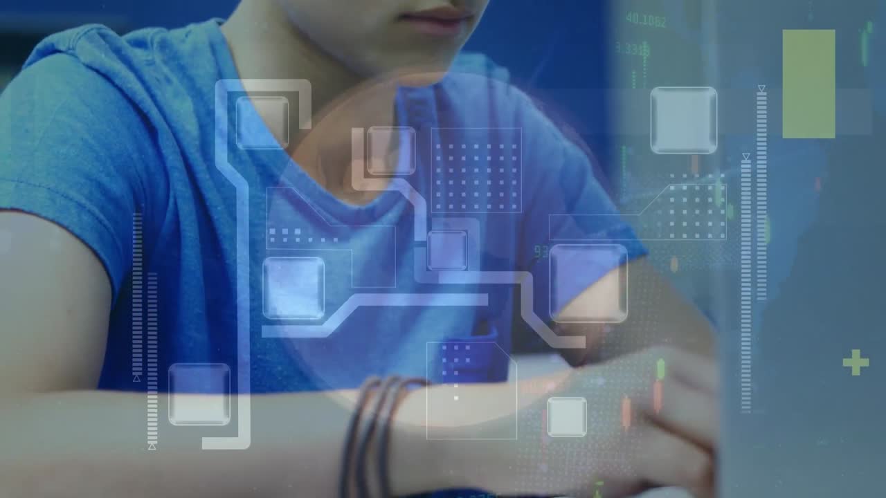 Animation of integrated circuit over caucasian boy using laptop