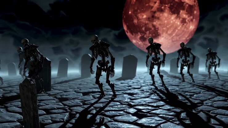 Scheletri che camminano in un cimitero di notte con una luna rossa
