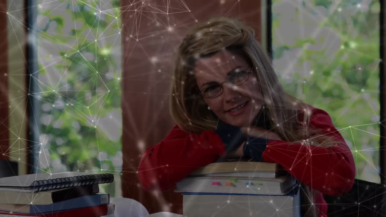 animación de la red de conexiones sobre mujer caucásica con libros
