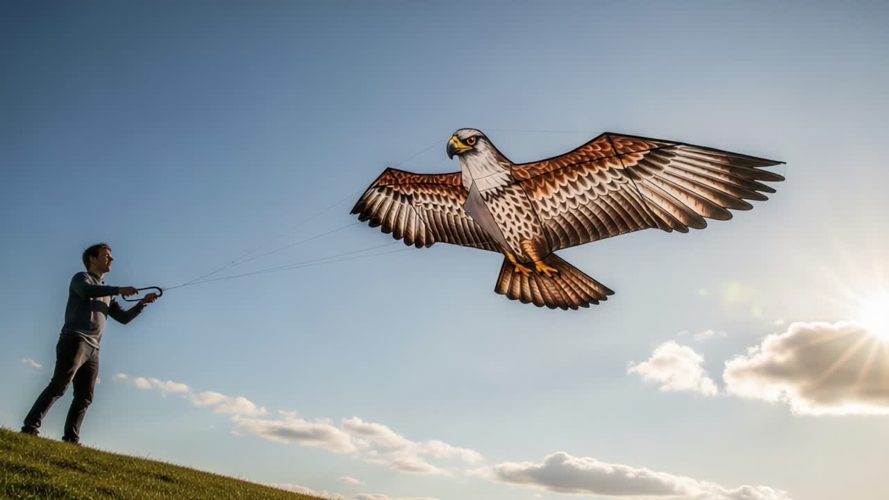 A Young Enthusiast Launches a Majestic Kite Designed as a Bird of Prey into a Bright Blue Sky with Fluffy Clouds, Capturing the Joy of Outdoor Activities