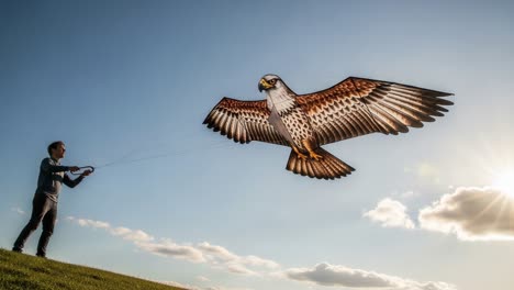 a young enthusiast launches a majestic kite designed as a bird of prey into a bright blue sky with fluffy clouds, capturing the joy of outdoor activities