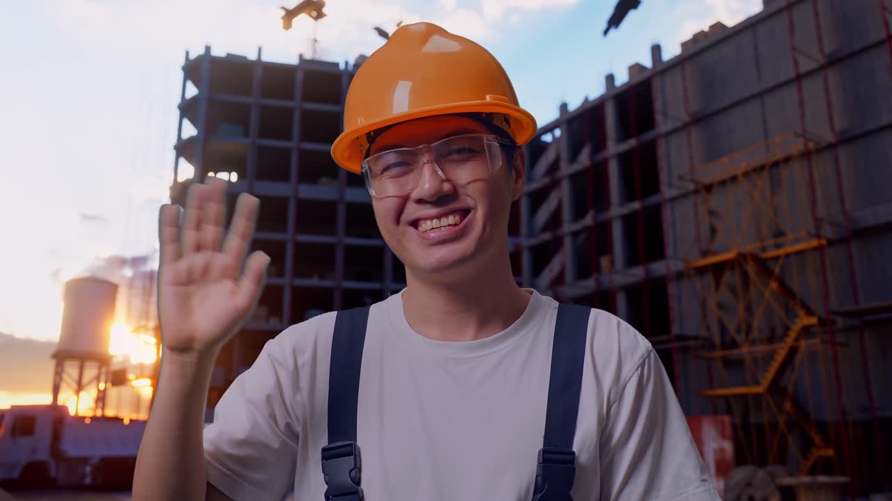 Asian Man Worker Smiling, Waving Hand, And Saying Bye At Construction Site