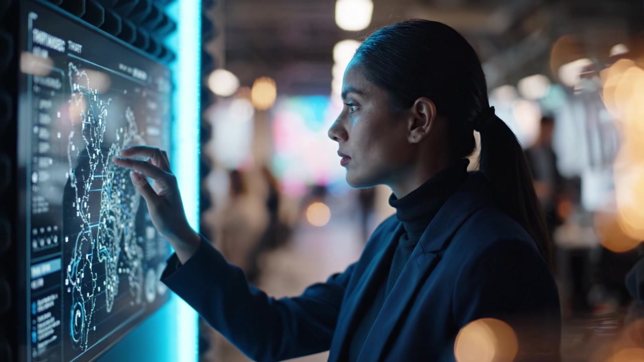 Focused Professional Analyzing Digital Data on Interactive Display in Modern Office Environment, Exhibiting Engaged Expression with Futuristic Technology Backdrop