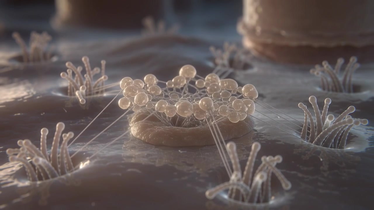 Aggregato di sfere lucide che emerge su una micro-superficie, come uno stelo che fuoriesce da un poro, formando un disco anulare.