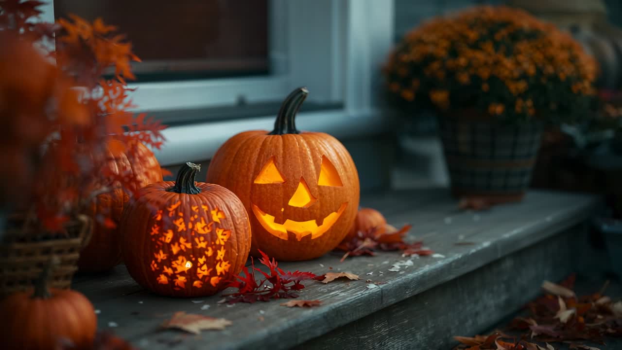 Evening breeze causing candlelight flickering in carved pumpkins on porch step, with mums
