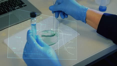 animación del procesamiento de datos científicos sobre una científica caucásica en el laboratorio