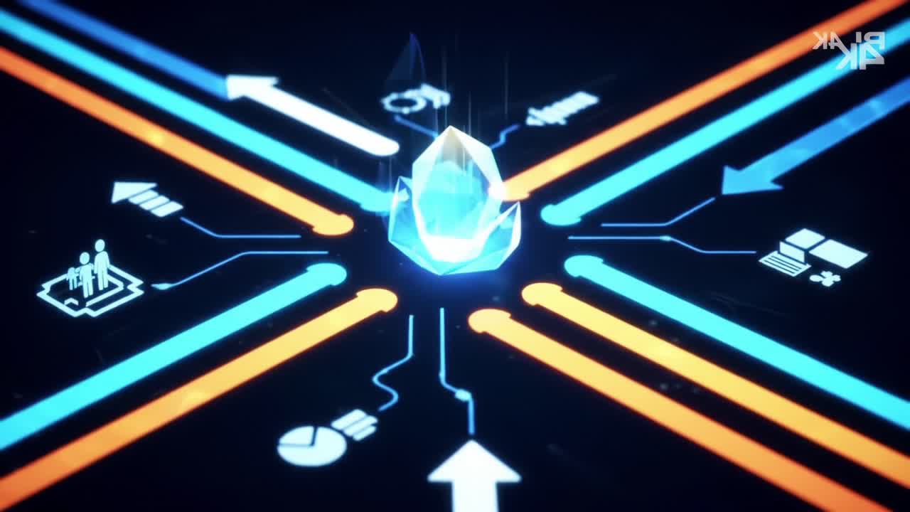 A futuristic graphic depicting a central crystal-like object surrounded by dynamic lines and symbols, representing various technological and social concepts in a vibrant digital landscape