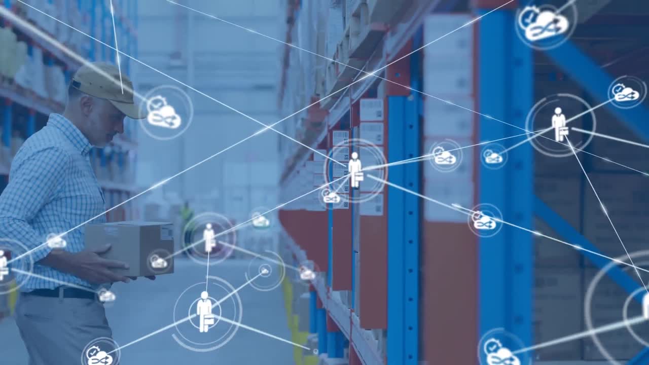 animación de una red de conexiones con iconos sobre un trabajador caucásico en un almacén