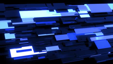 dark science fiction blue background. abstract looped 4k dark bg neon cubes light bulbs. different sizes cubes network lighting blue neon light, like night city. blockchain technology visualization