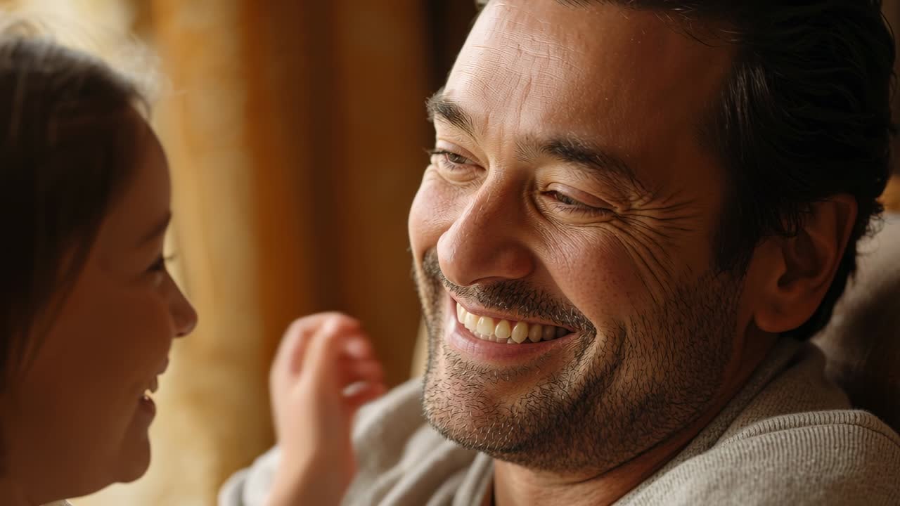 Ragazza sorridente che si protende, mentre il padre si china, le accarezza il viso e le mostra affetto.