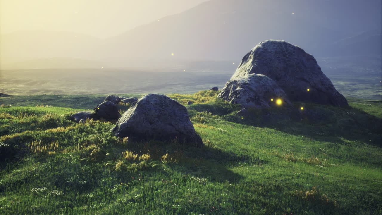 Serene landscape with large rocks and gentle grass under soft sunlight