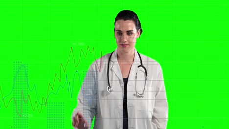 Animation-of-caucasian-female-doctor-over-data-processing-on-green-screen