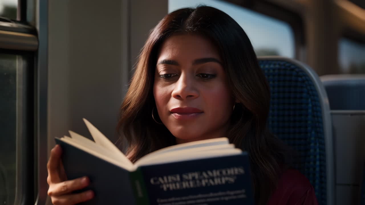 Woman Reading a Book on Public Transport