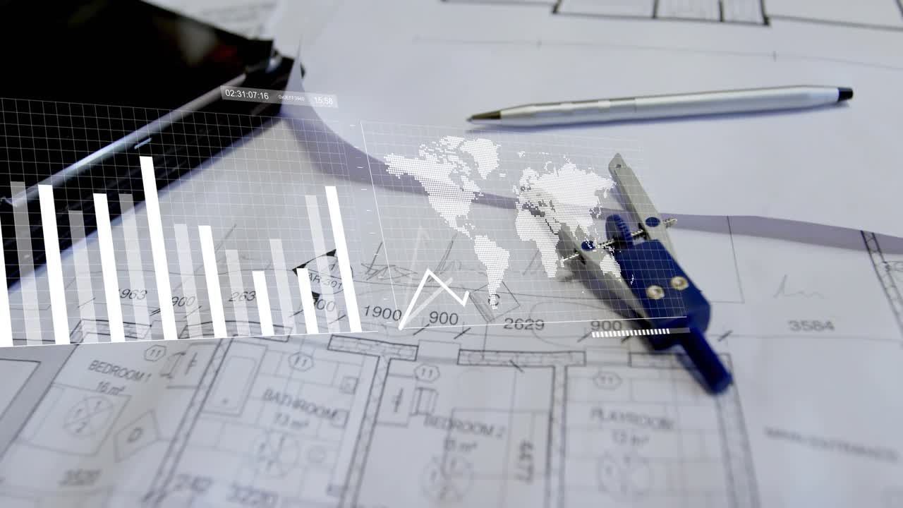 White overlays appearing and shifting across floor plan, obscuring compass, visualizing data