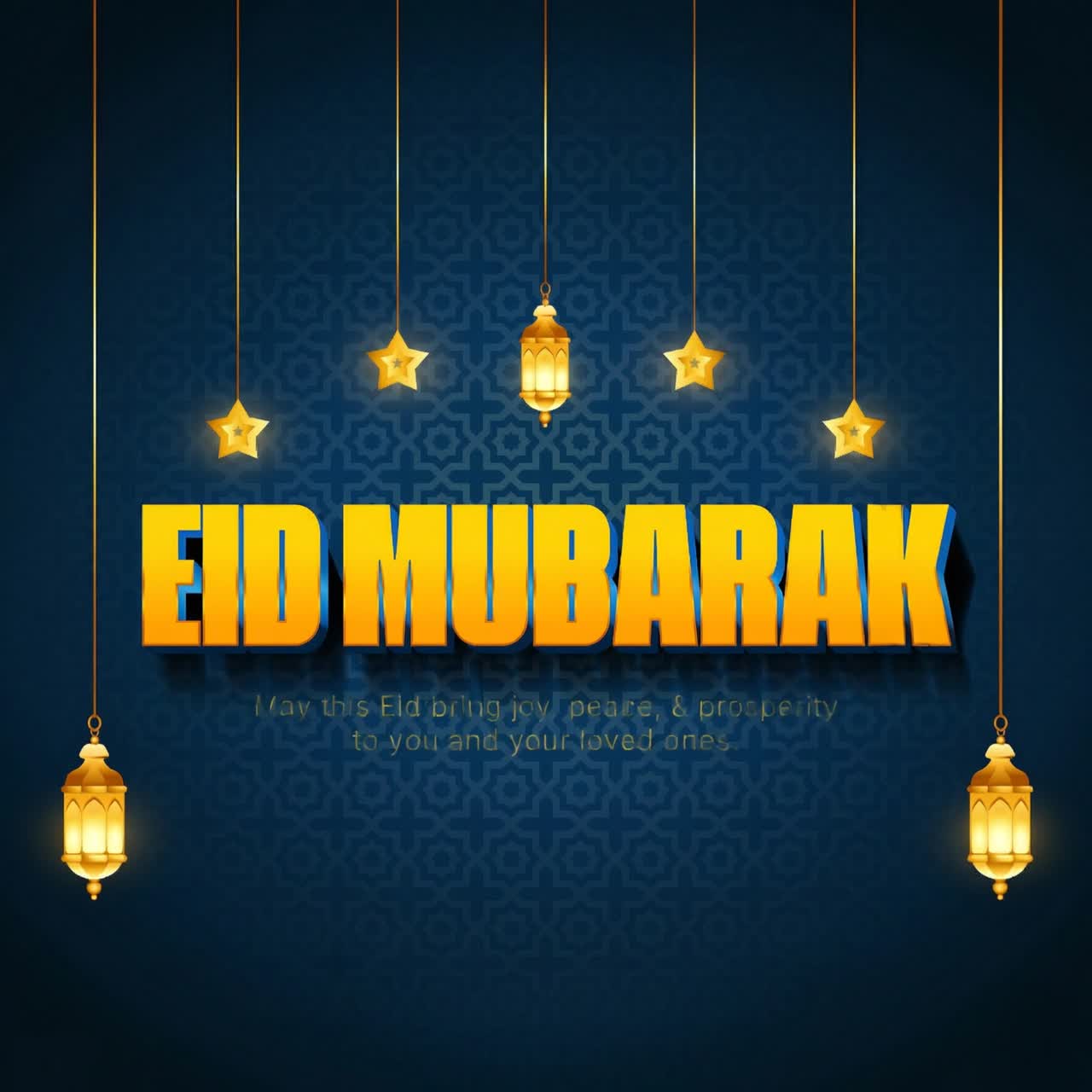Animazione per storie di auguri Eid Mubarak con lanterne appese e testo luminoso su sfondo blu scuro sfumato