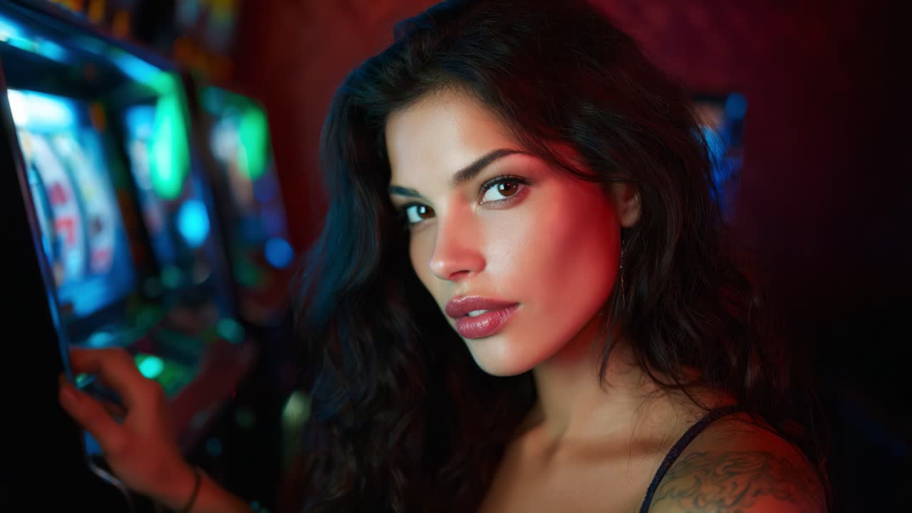 Captivating Woman Engaged with Slot Machines in a Vibrant Casino Environment, Highlighting the Thrill and Excitement of Gaming and Luck