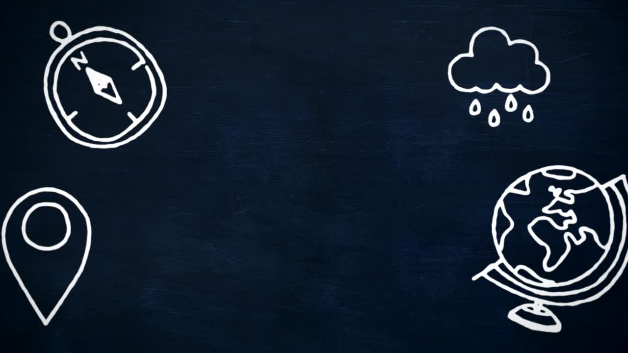 파란색 배경에  ⁇ 색 여행 픽토그램의 애니메이션