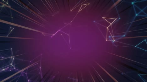 Animation-of-networks-of-connections-with-flickering-rays-on-purple-background