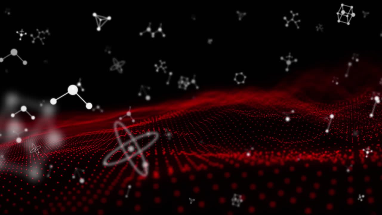 Animation of gold networks of connections falling over red moving wave