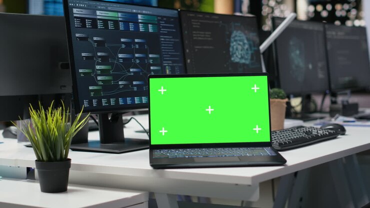 Bærbar computer med grøn skærm på kontorbord