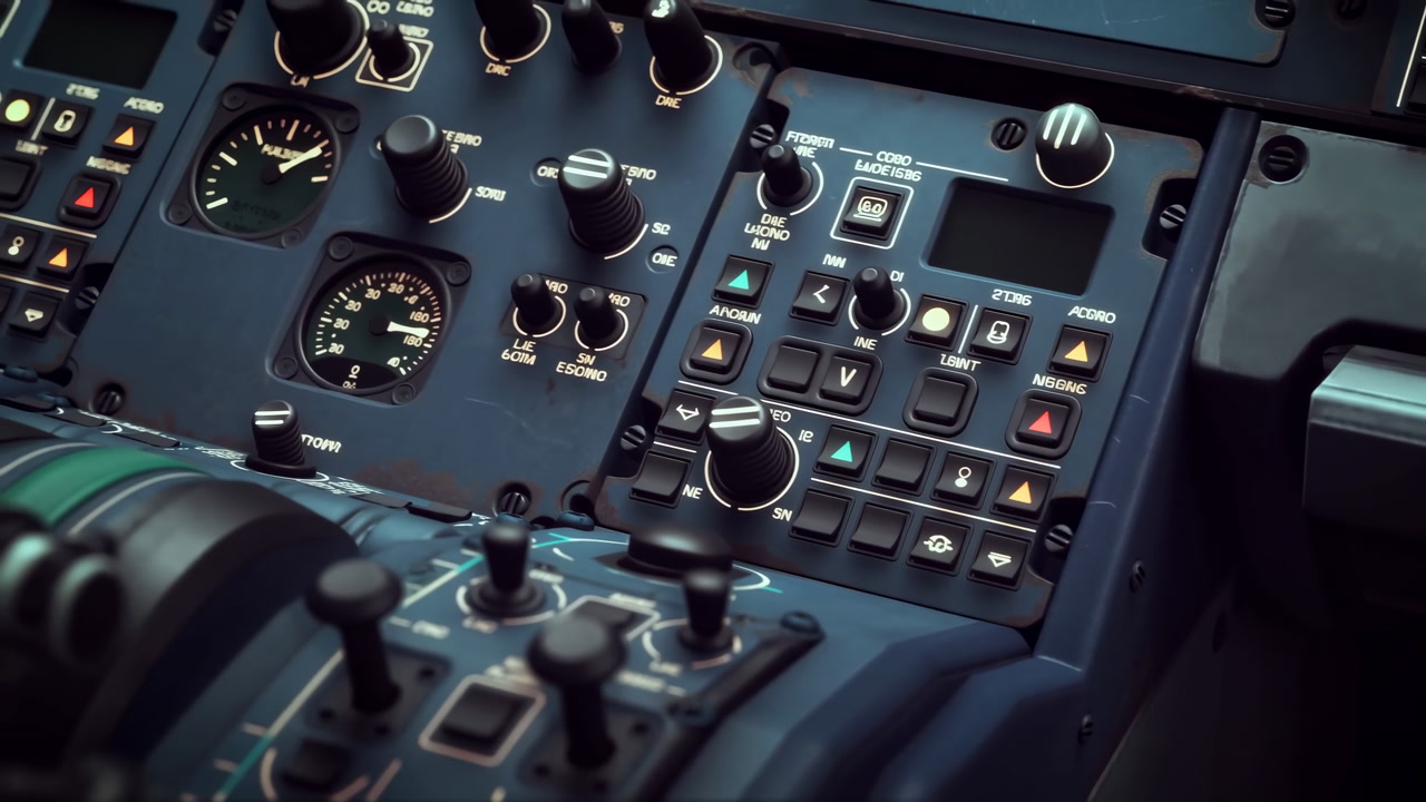 Closeup Cockpit Control Panel Showing Instruments And Gauges, Dimly Lit Flight Deck With Illuminated Switches,