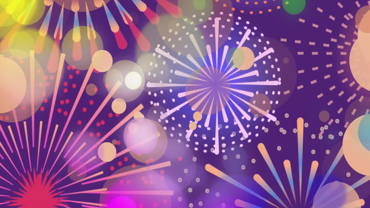 Animação de pontos de luz coloridos sobre fogos de artifício gráficos de ano novo explodindo