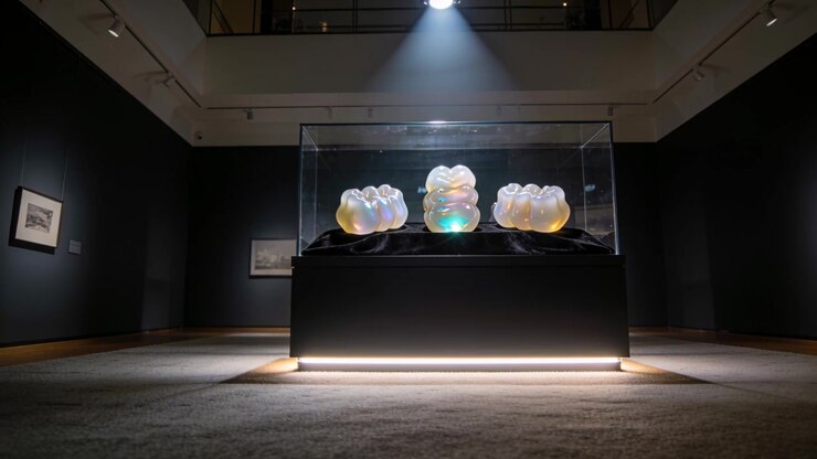 Lysspot rammer midterstykke, tre perlemorsskulpturer lyser teal i museumsmontre