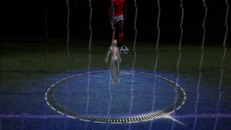 animation of human body model spinning over mid section of male soccer player taking a penalty